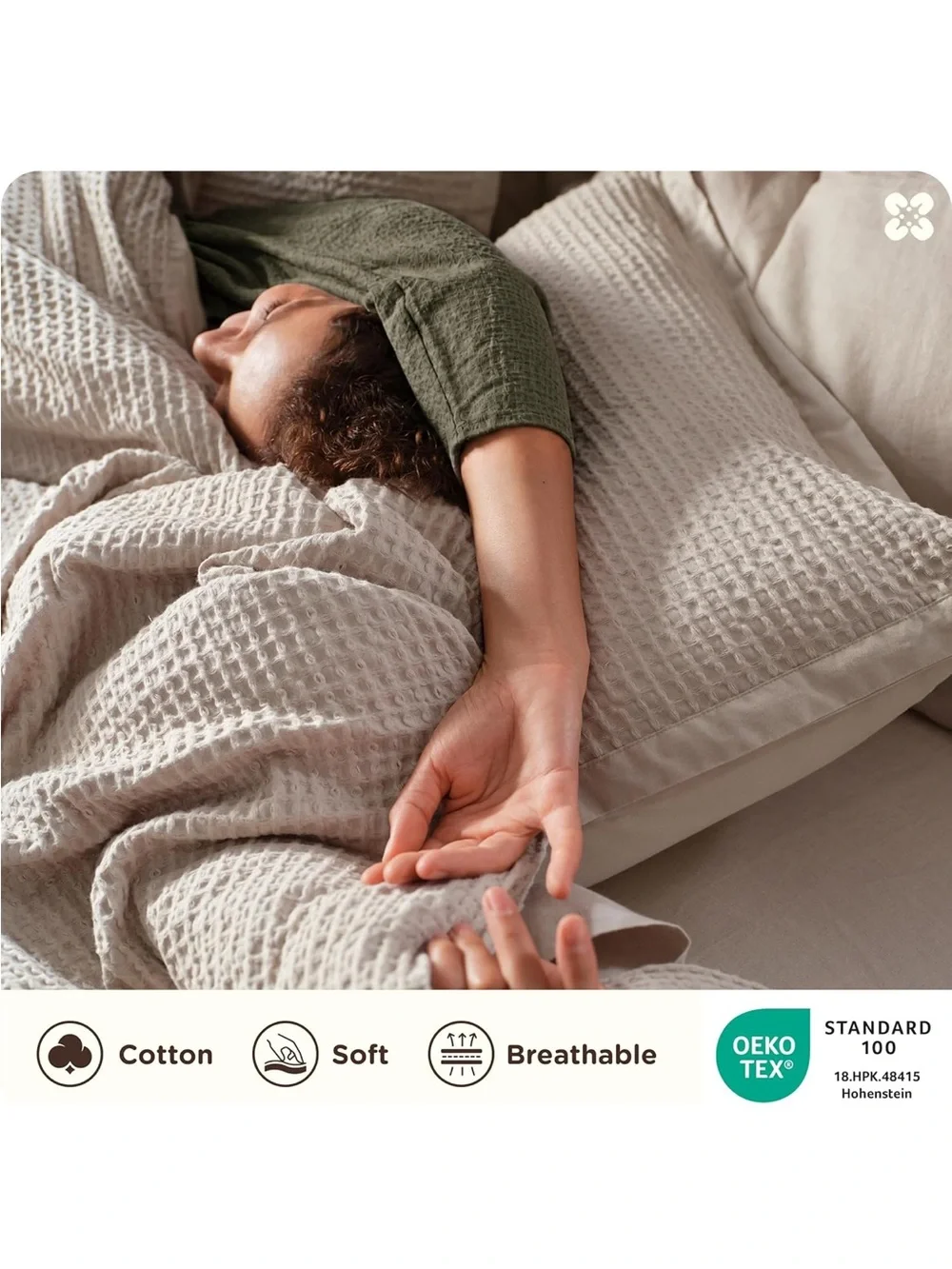 NEW Bedsure 3 Pieces 100% Cotton Waffle Weave Duvet Cover Set, Linen color